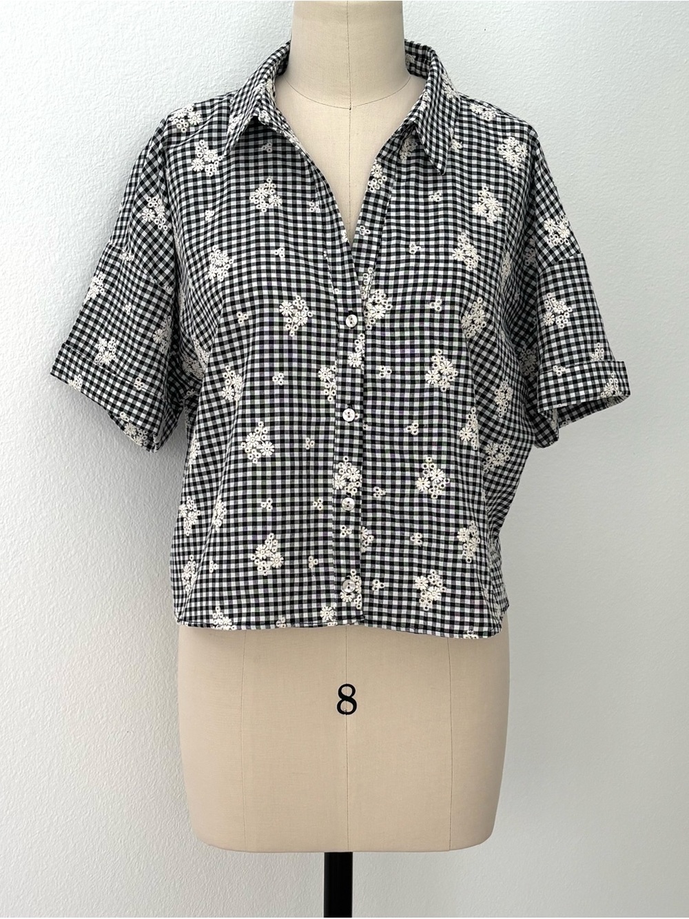 Zara Embroidered Plaid Shirt NWT Black White Gingham Cropped Cottagecore XL